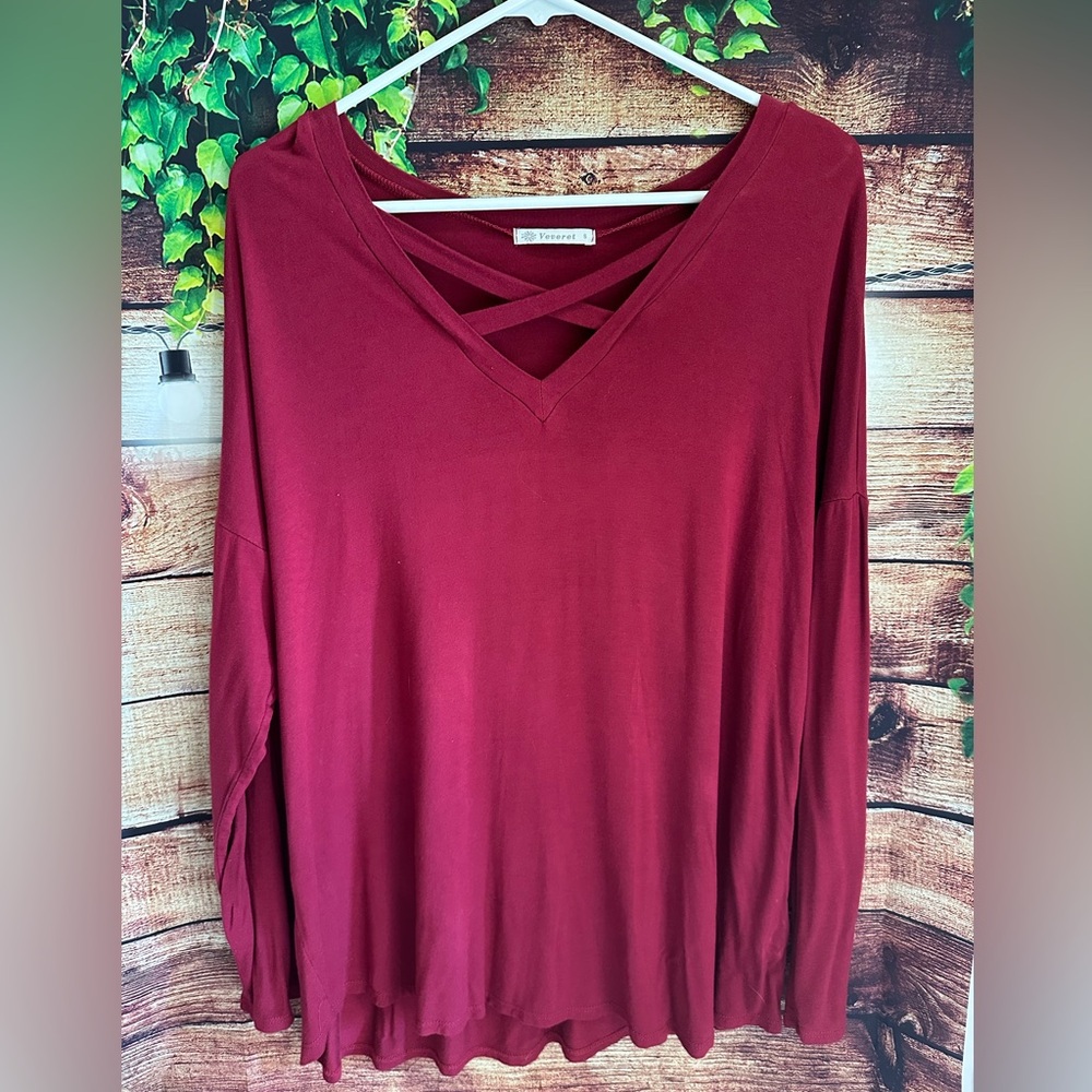 Elegant V-Neck Long Sleeve Top in Rich Burgundy